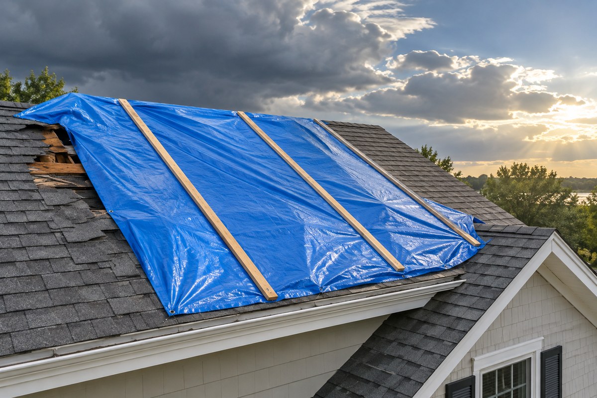 Illustration of a damaged roof protected with a secured emergency tarp