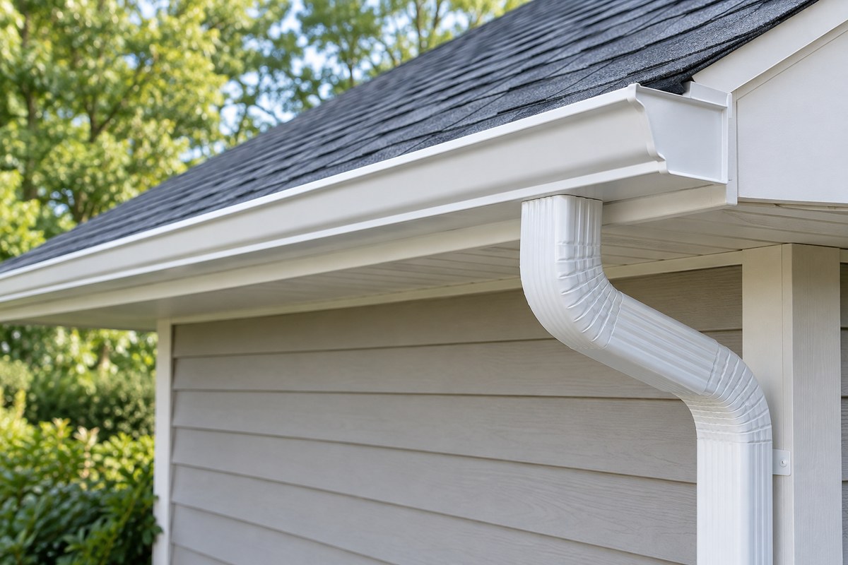 Illustration of a seamless gutter and downspout at a roof edge