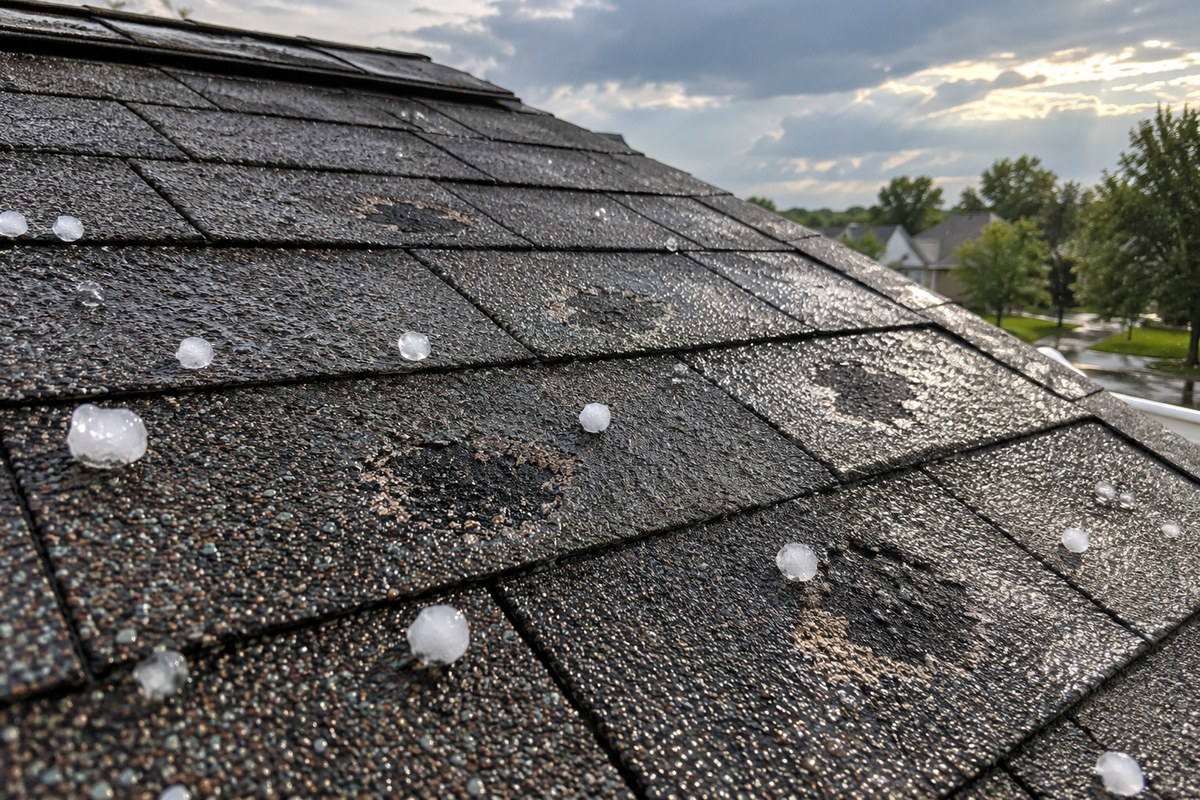 Illustration of hail impact damage on asphalt roof shingles