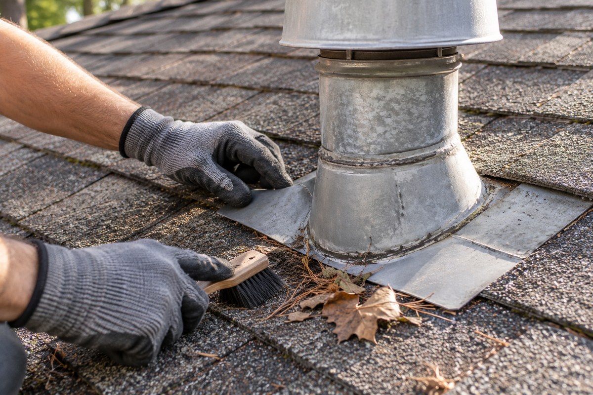 Illustration of roof vent flashing inspection and maintenance