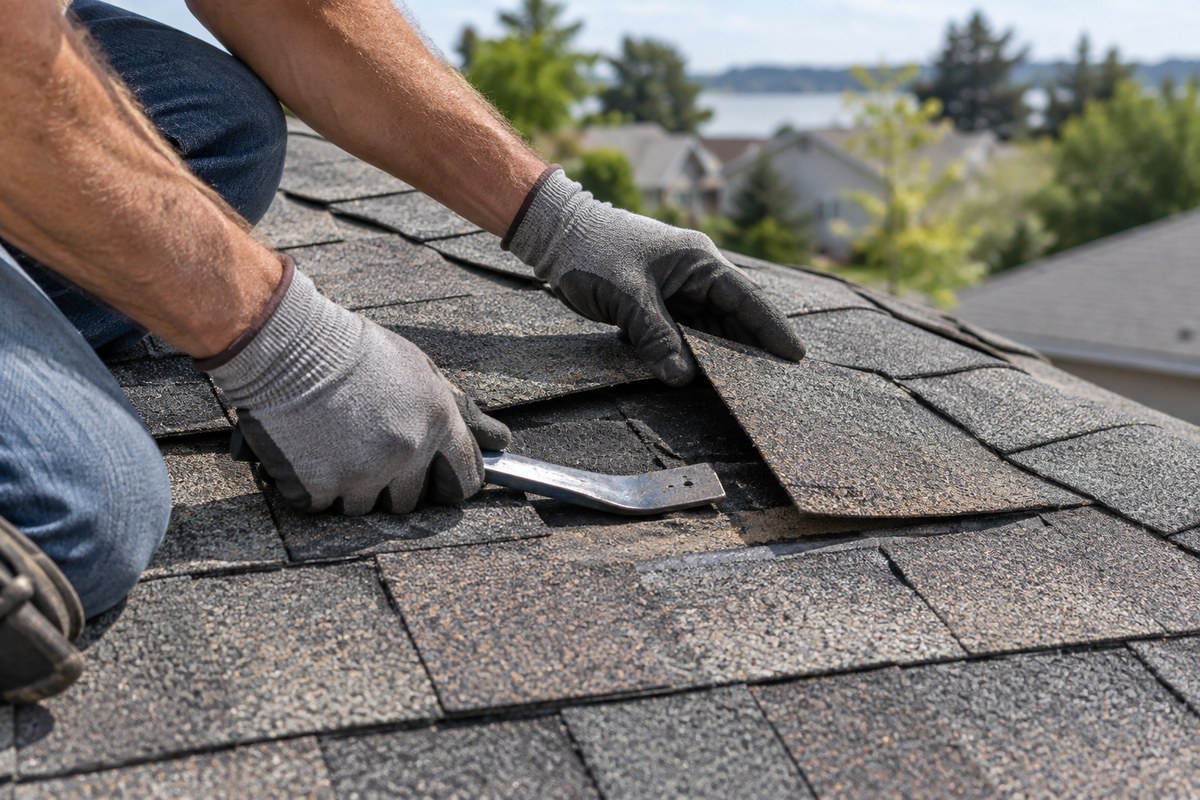 Illustration of a roofer replacing a damaged asphalt shingle