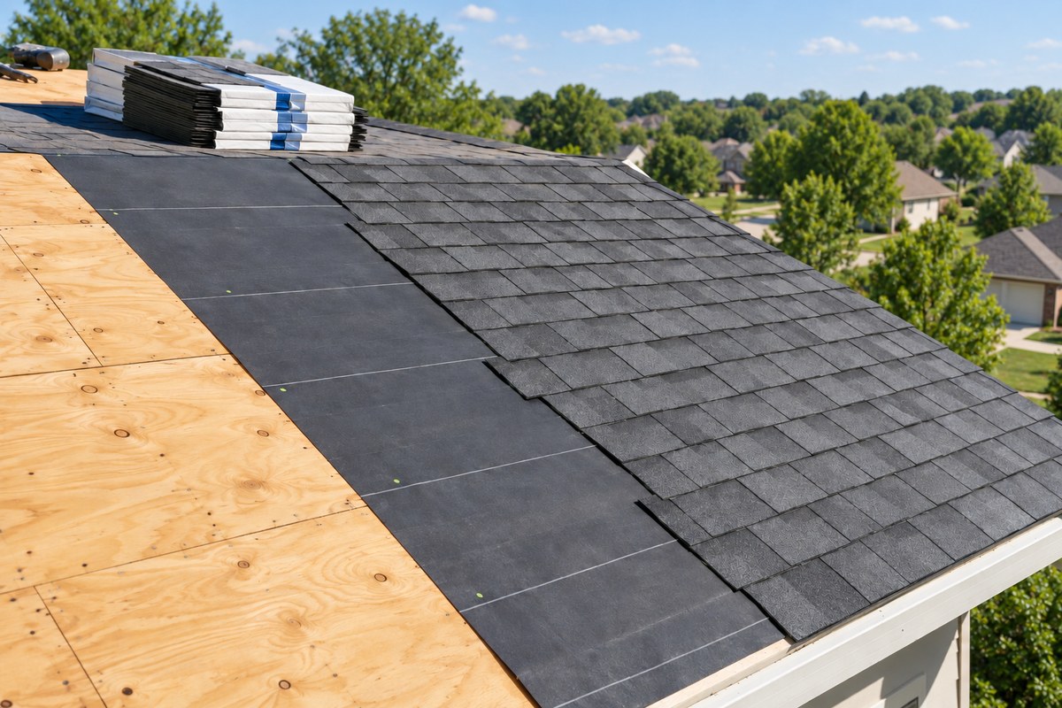 Illustration of a roof replacement with decking, underlayment and new shingles