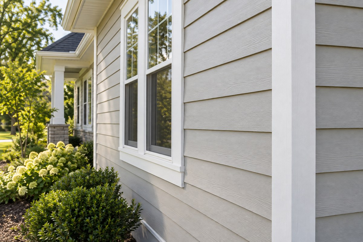 Illustration of horizontal lap siding and white window trim